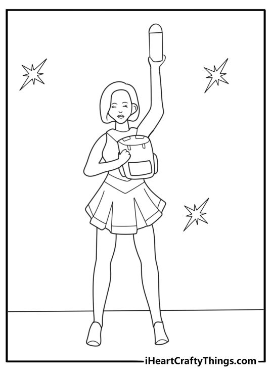 Cheerleader packing a backpack with water bottle and sneakers easy coloring page free printable