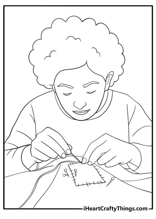 Cheerleader sewing a patch on a jacket craft themed coloring page for adults to color