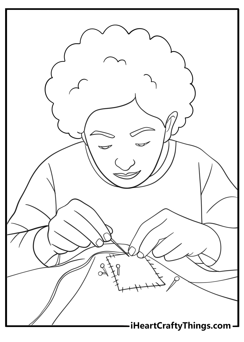 Cheerleader sewing a patch on a jacket craft themed coloring page for adults to color