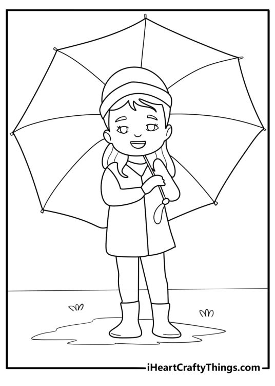 Cheerleader wearing a raincoat and umbrella waiting outside simple coloring page printable pdf