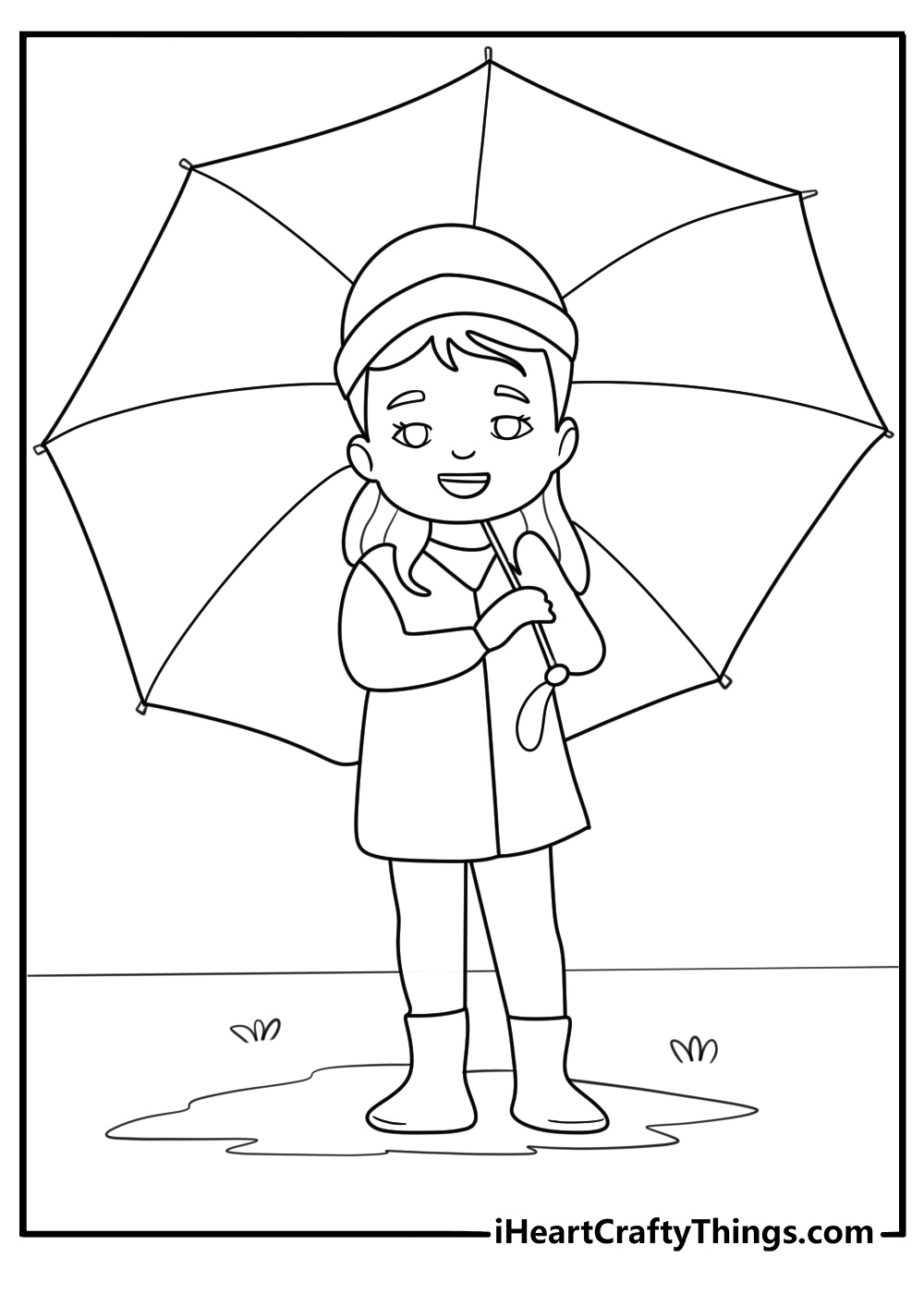 Cheerleader wearing a raincoat and umbrella waiting outside simple coloring page printable pdf