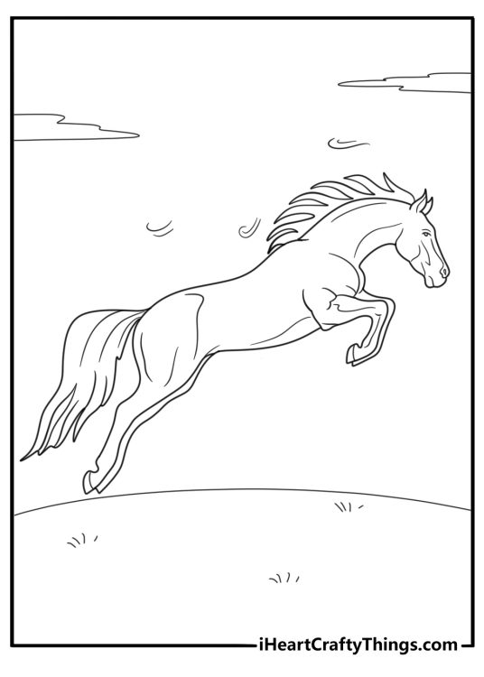 Coloring book page capturing elegant lonely horse featured in a grassy environment