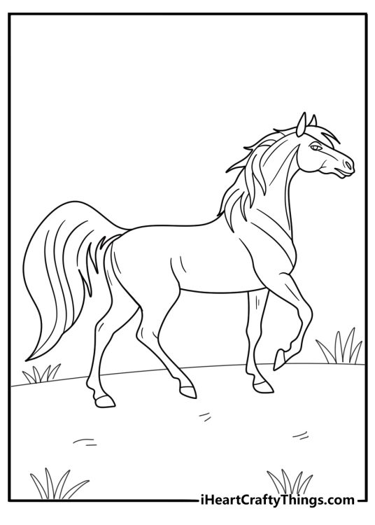 Coloring image for children presenting realistic horse taking a slow walk outdoors