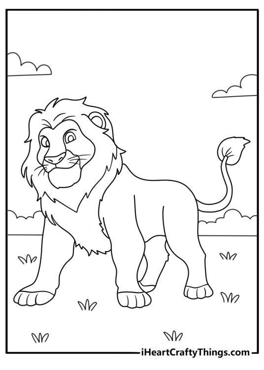 Coloring page featuring cute young lion with a big head and a long tail with hairy tuft at the end