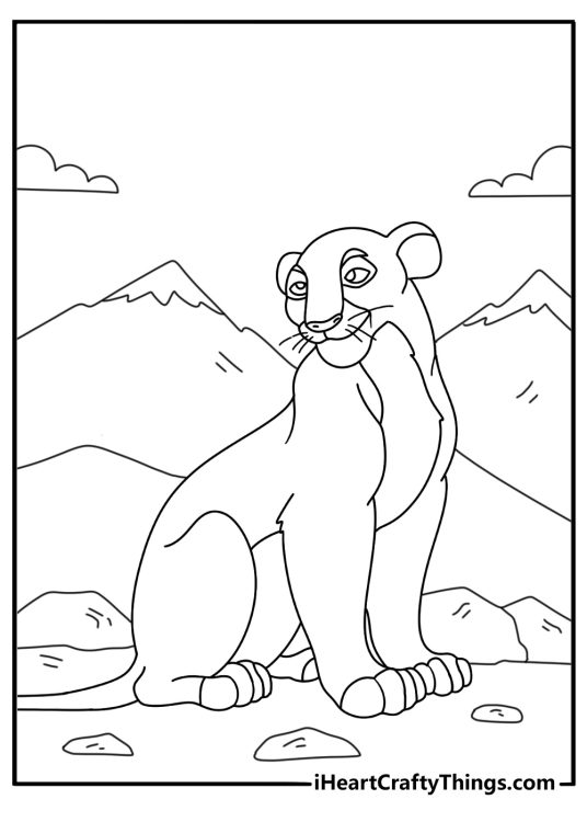 Coloring page for children capturing majestic lion posing in front of some mountains