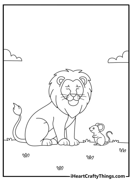 Coloring page for kid featuring upset looking adult lion and the mouse sitting next to him