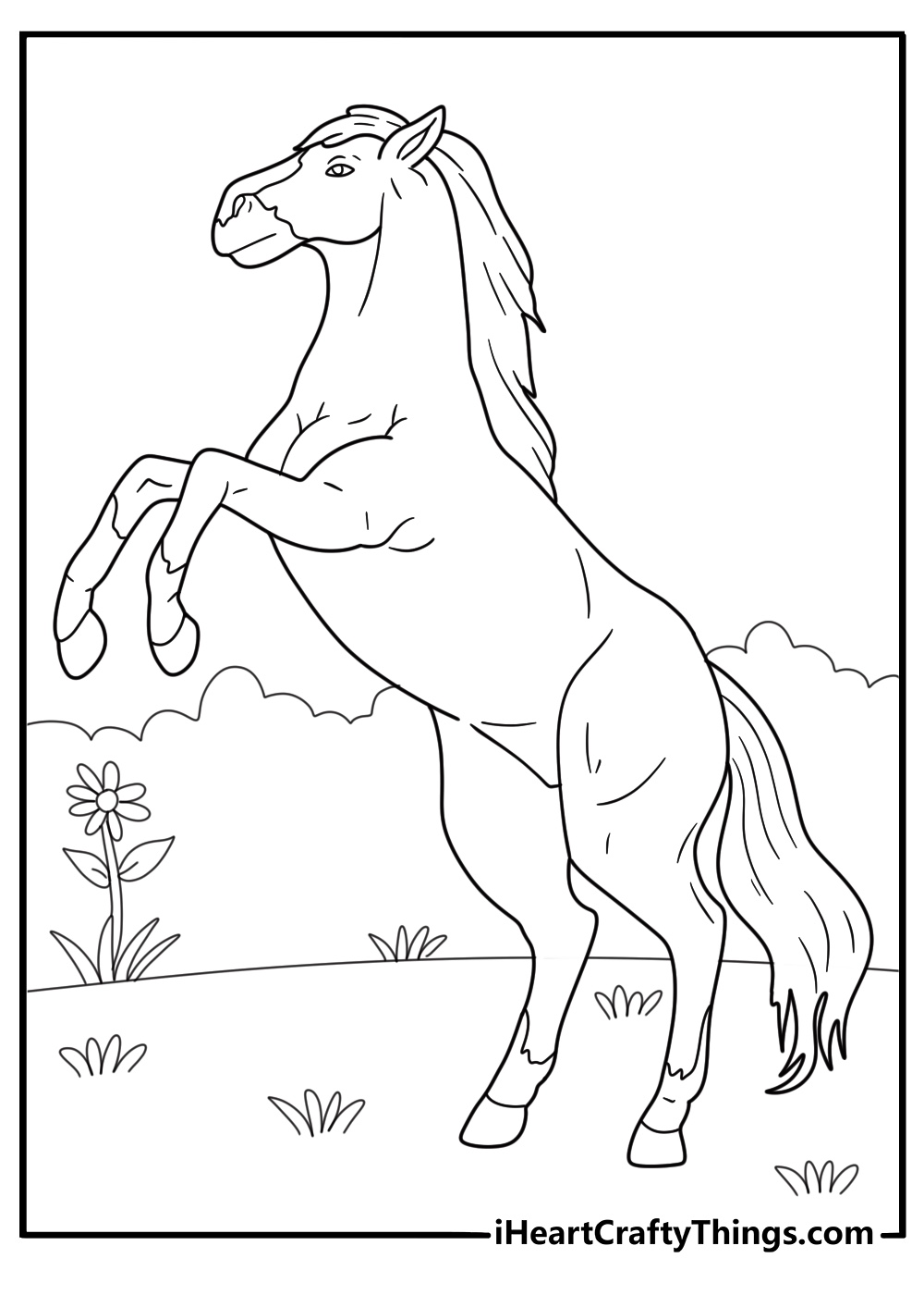Coloring page for kids depicting realistic horse stom ping its hoof while in the meadow