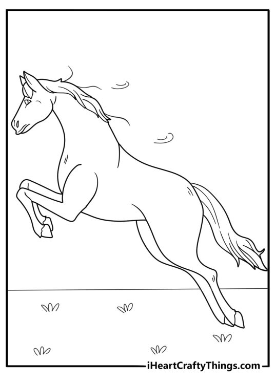 Coloring page of a horse with a stunning mane rearing up on his hind leg prepared to leap