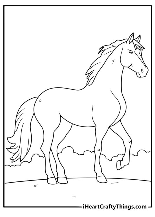 Coloring page to print featuring beautiful realistic horse moving around majestically