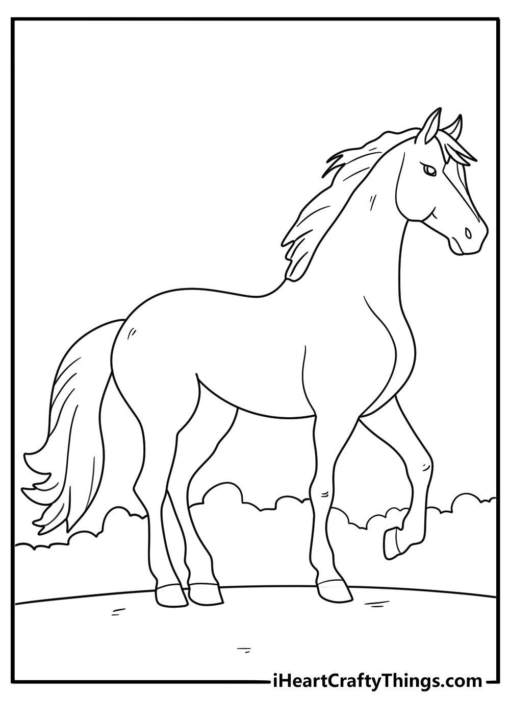 Coloring page to print featuring beautiful realistic horse moving around majestically
