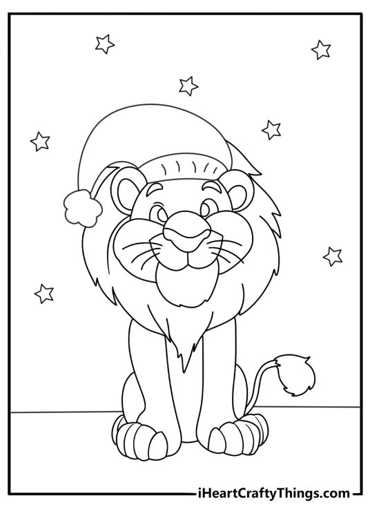 Coloring picture featuring cartoony lion wearing Christmas hat surrounded by stars