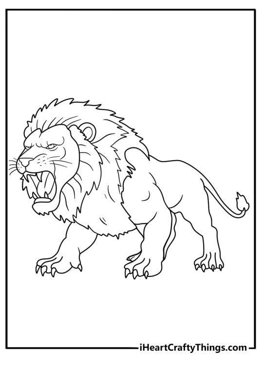 Coloring picture for children featuring angry looking lion with empty background