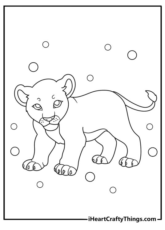 Coloring picture for children presenting young and curious looking lion with bubbles all around him