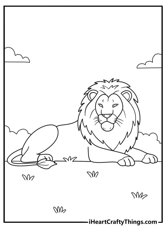 Coloring picture for kids showing lion with voluminous mane resting on the ground