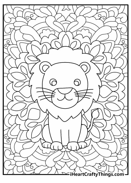 Coloring picture presenting cartoony lion decorated and surrounded with mandala patterns