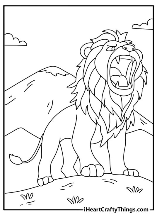 Coloring picture presenting scary looking lion standing and roaring in front of some mountains