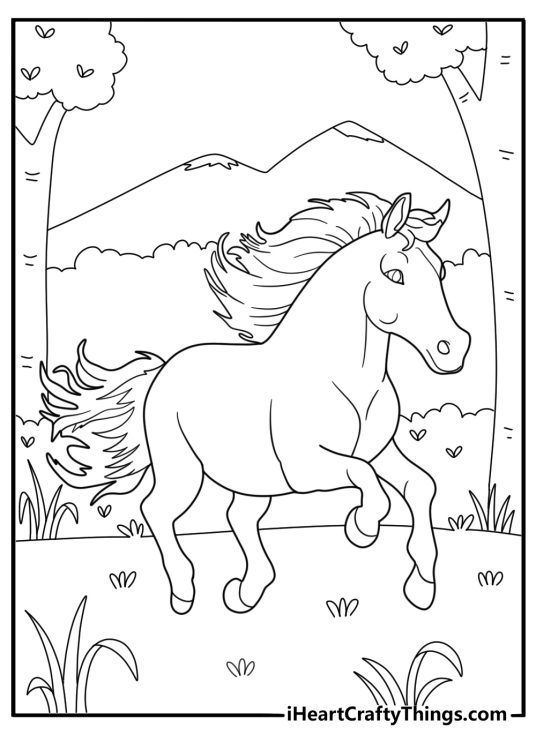 Coloring picture showing realistic horse running through the fields with mountains in the background