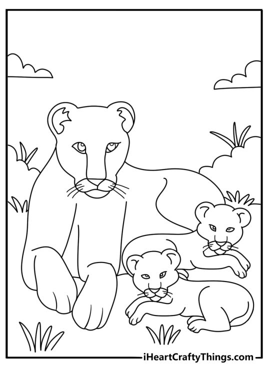 Coloring printable for kids featuring majestic lion with its two cubs sitting in the grass