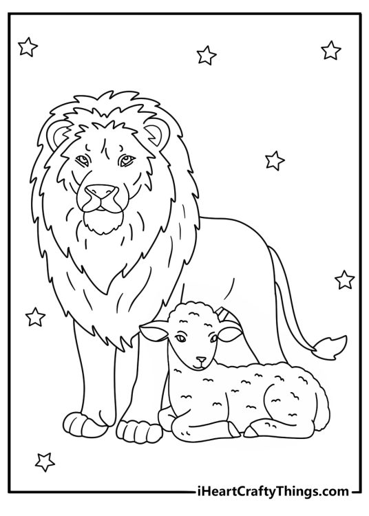 Coloring sheet for ids featuring adult lion and little lamb with stars all around them