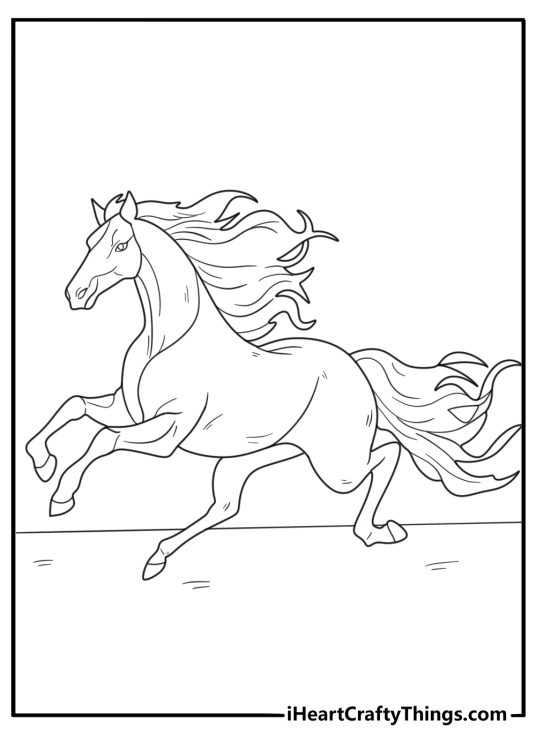 Coloring sheet for kids showing elegant horse trotting at full speed with a flowing mane