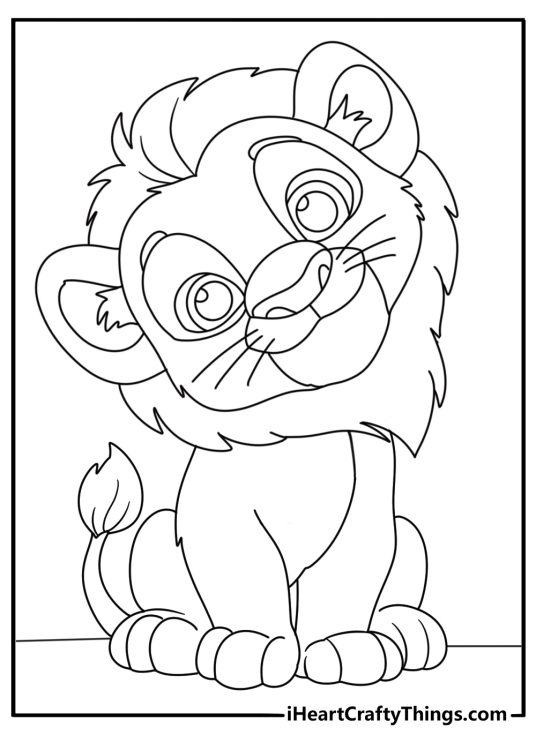 Coloring sheet for kids showing little lion sitting proudly with a smile and tilted head