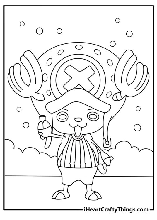 Cute One Piece coloring page with Tony Tony Chopper mixing medicine bottles