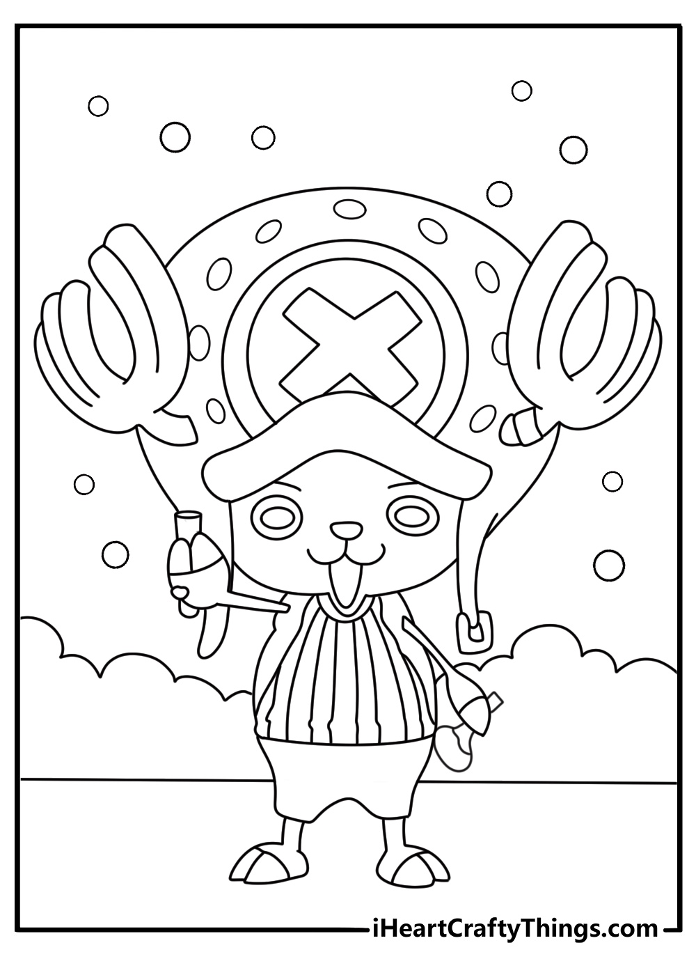 Cute One Piece coloring page with Tony Tony Chopper mixing medicine bottles