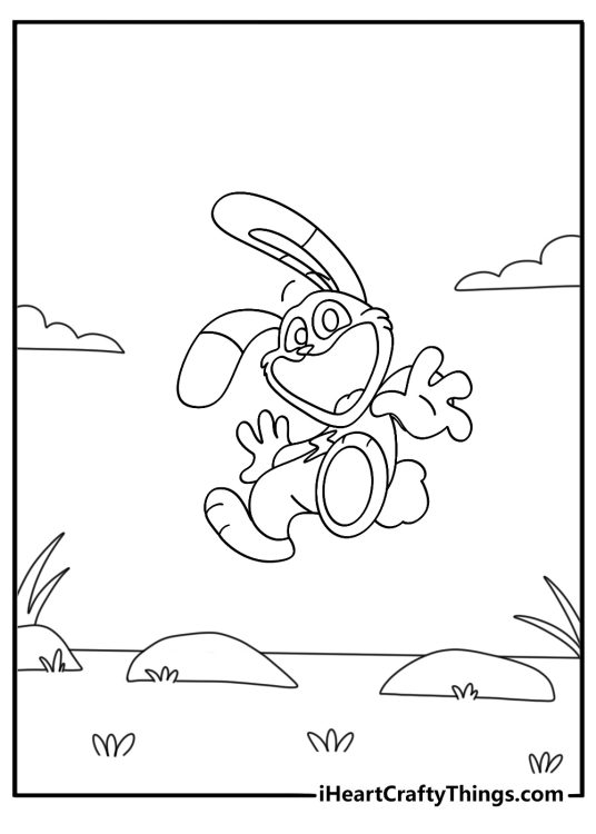 Cute Smiling Critters coloring page with Hoppy Hopscotch bouncing over stepping stones