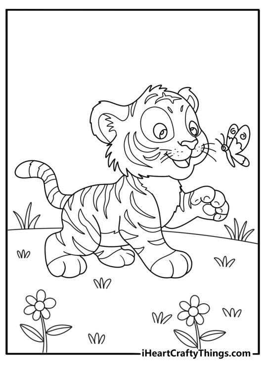 Cute tiger coloring page with a tiger cub chasing a butterfly