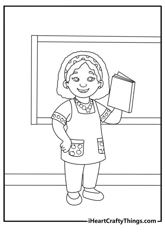 Daniel Tiger coloring page of Teacher Harriet reading a book in the classroom