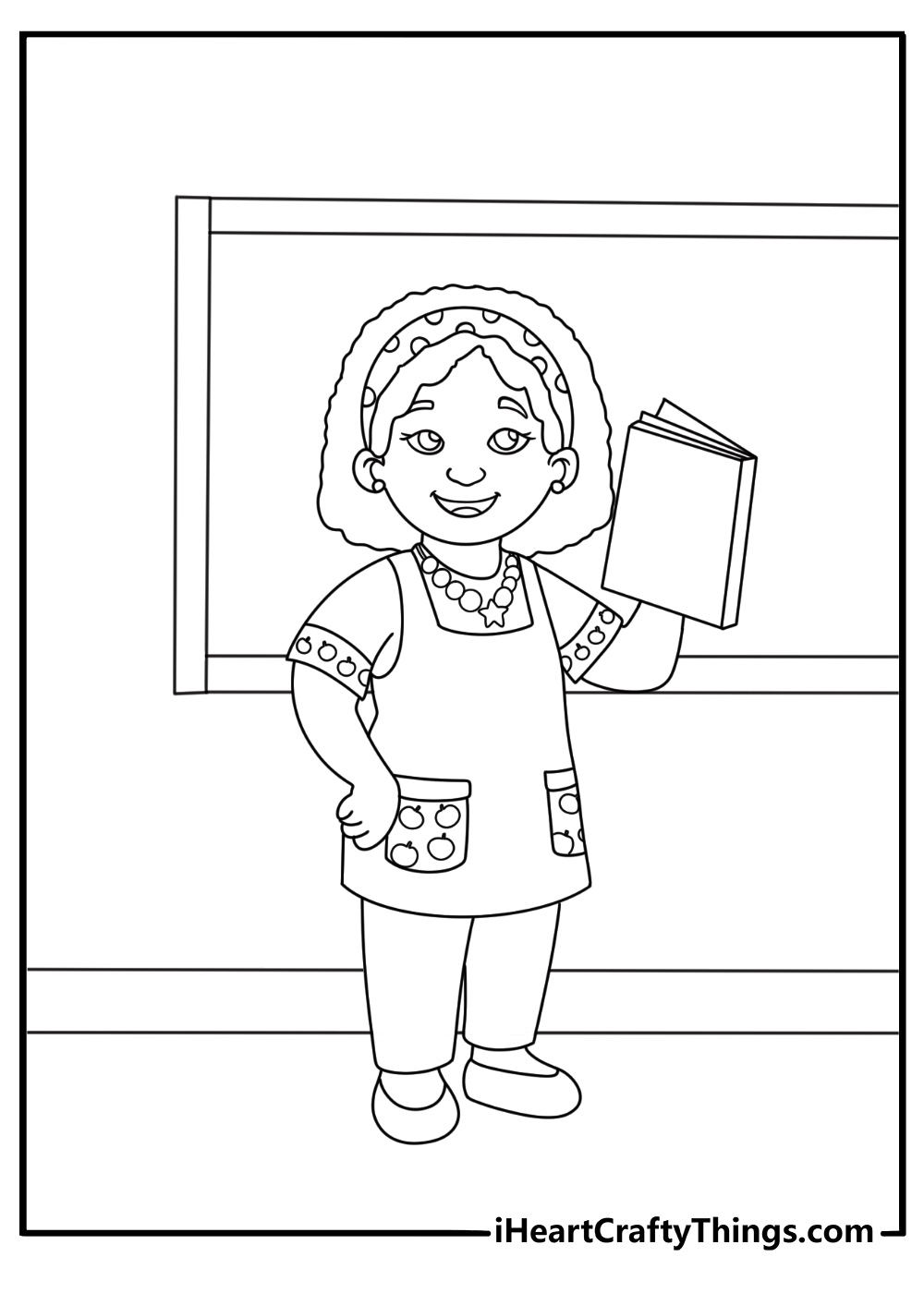 Daniel Tiger coloring page of Teacher Harriet reading a book in the classroom