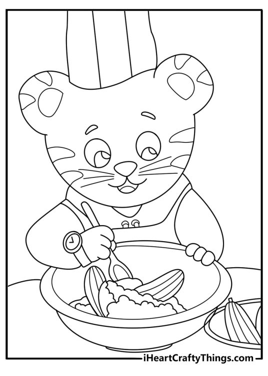 Daniel Tiger coloring page showing Daniel helping Dad Tiger bake banana bread in the kitchen