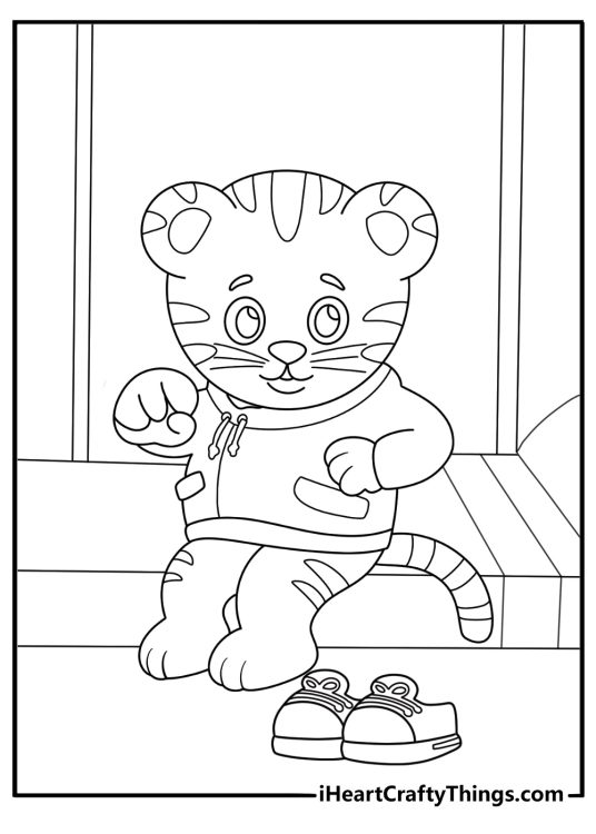 Daniel Tiger coloring page with Daniel tying his red shoes in his bedroom