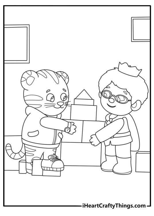 Daniel Tiger coloring sheet with Daniel and Prince Wednesday building a block tower