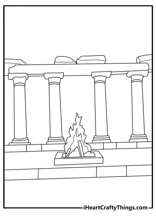 Detailed Memorial Day coloring pages for adults with an eternal flame and stone columns