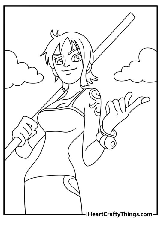Detailed One Piece coloring sheet with Nami holding her clima tact near clouds