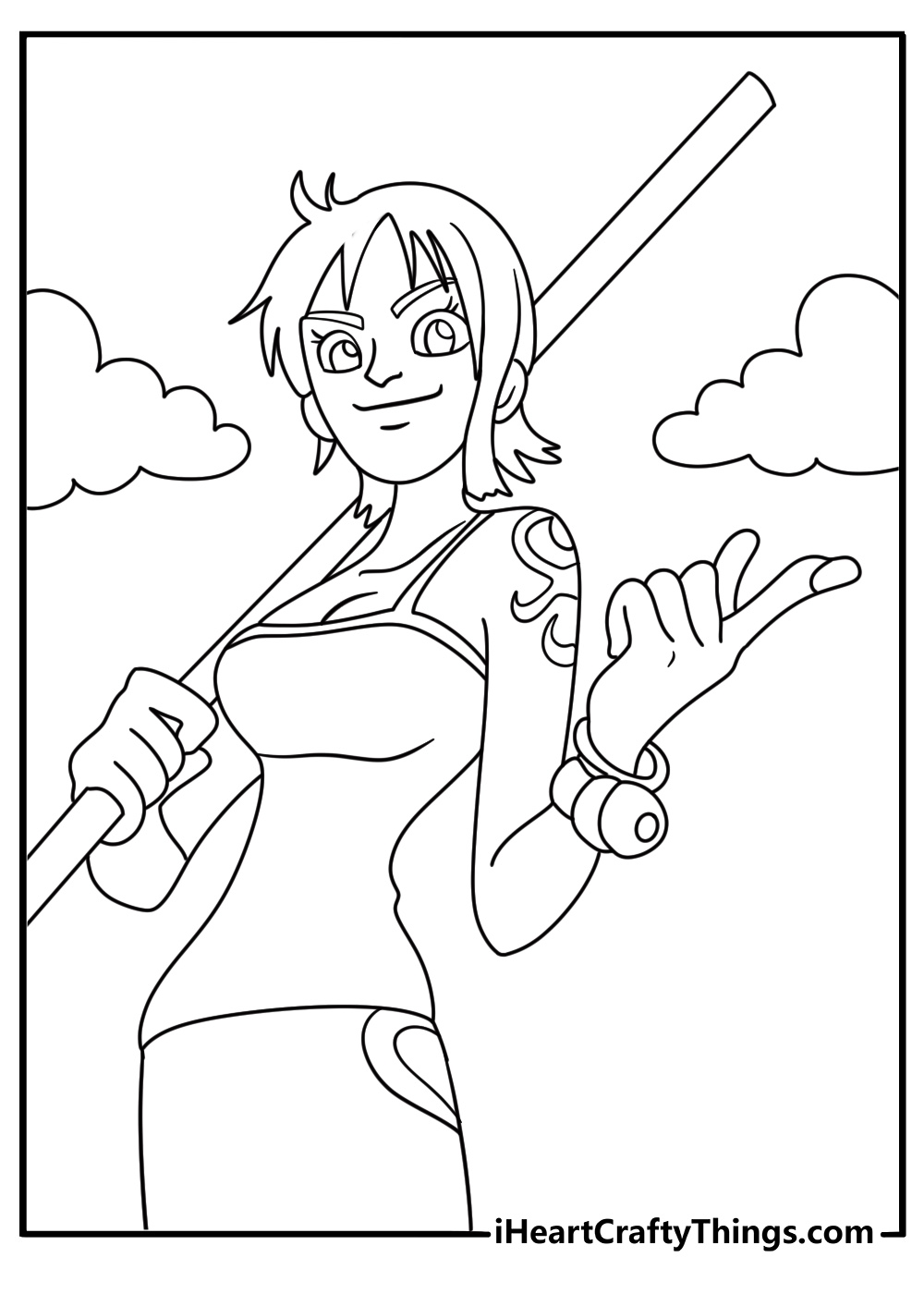 Detailed One Piece coloring sheet with Nami holding her clima tact near clouds
