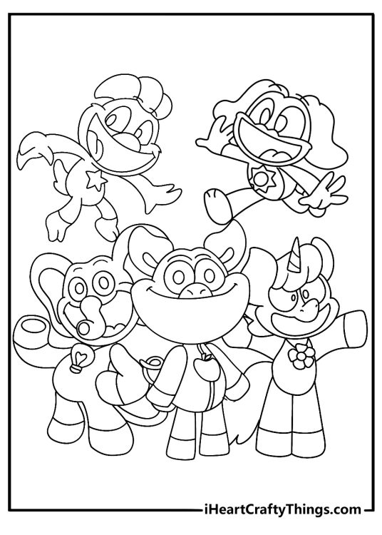 Detailed Smiling Critters printable for adults with all critters in a group portrait