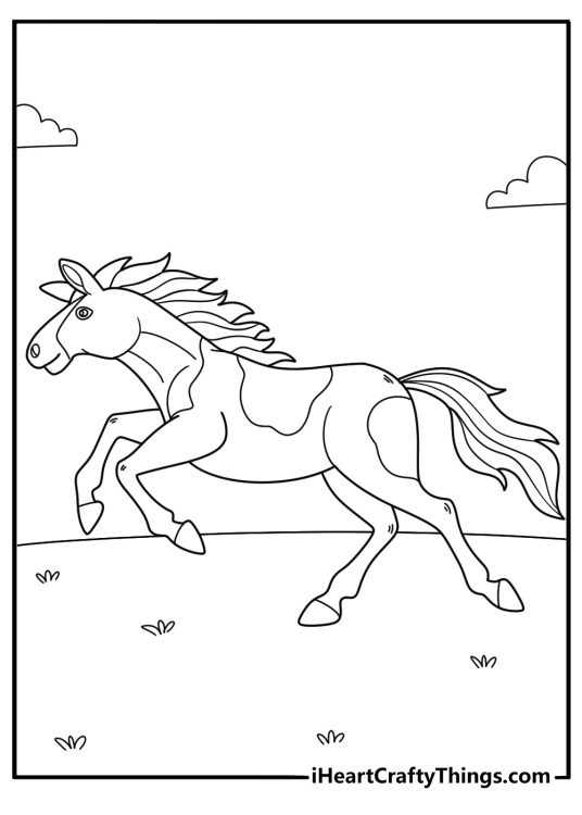 Detailed coloring picture featuring horse running at top speed through open fields