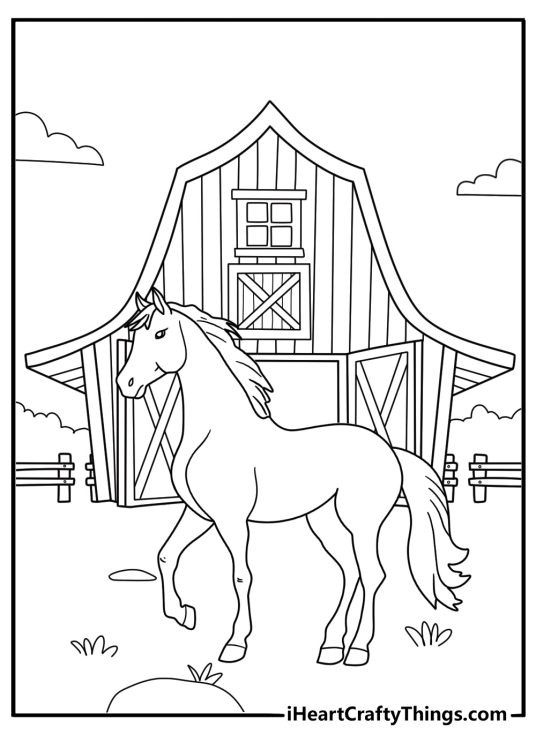 Detailed coloring pictureof a running horse with farm buildings in the background
