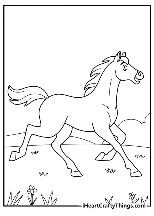 Detailed coloring sheet for adults presenting elegant horse running wild surrounded by nature