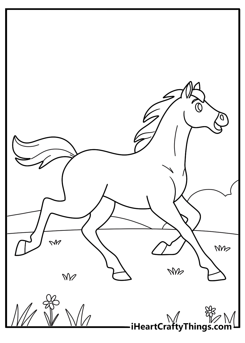 Detailed coloring sheet for adults presenting elegant horse running wild surrounded by nature