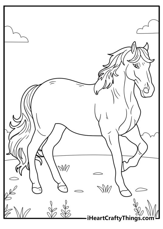 Detailed coloring sheet for children showing horse dashing in a green field with clouds above him