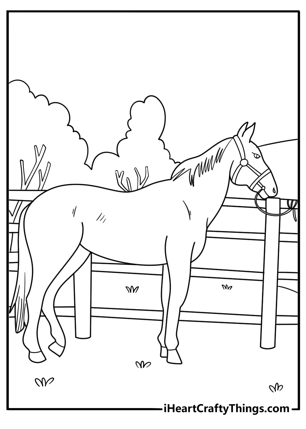 Detailed coloring sheet presenting realistic horse tied to a fence ready for riding