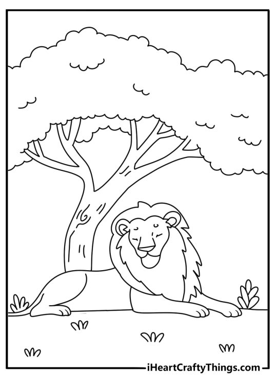 Detailed lion coloring page with a white lion under tree shade