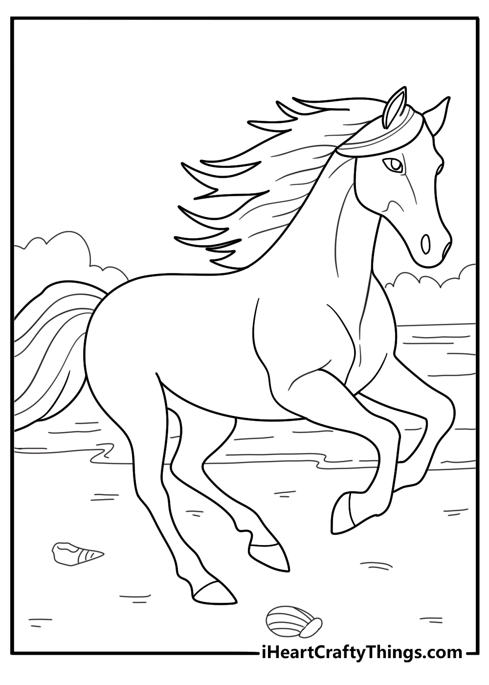Detailed printable coloring page capturing majestic horse galloping on the seaside