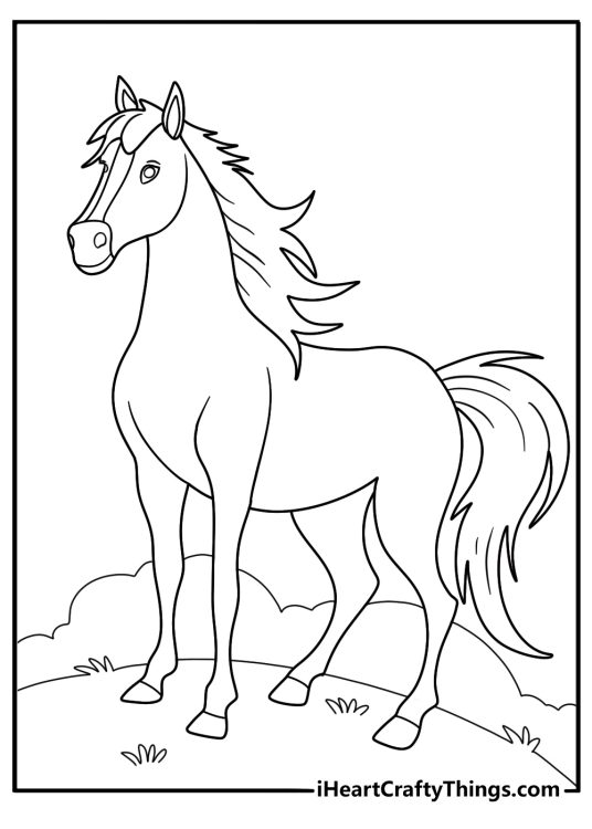Detailed printable coloring picture presenting nature scene with majestic adult horse on the move