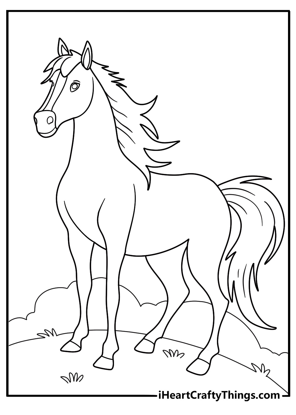 Detailed printable coloring picture presenting nature scene with majestic adult horse on the move