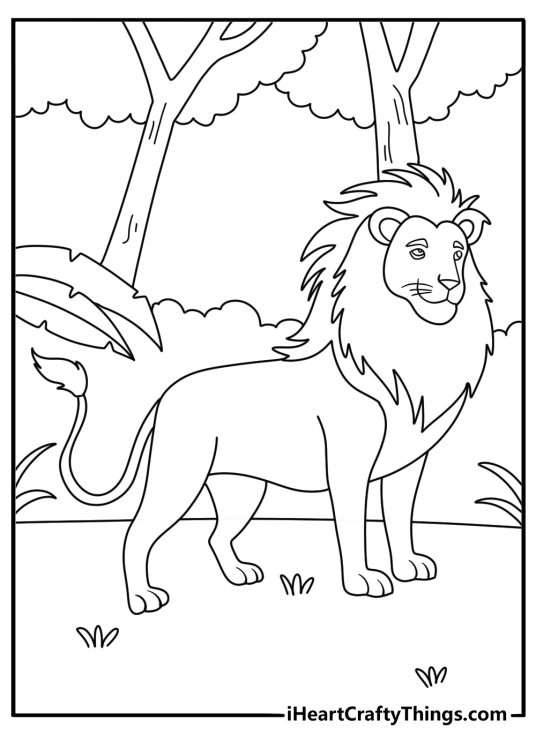 Detailed printable poster presenting young lion standing tall and proud with jungle behind him