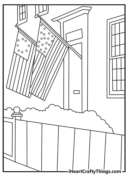 Easy Memorial Day coloring pages scene with a flag lined main street and bunting